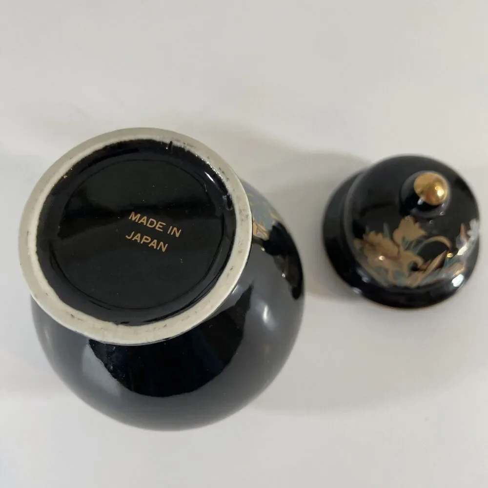Vintage Made in Japan Black Gold Ginger Jar Lidded Vase Floral Bird